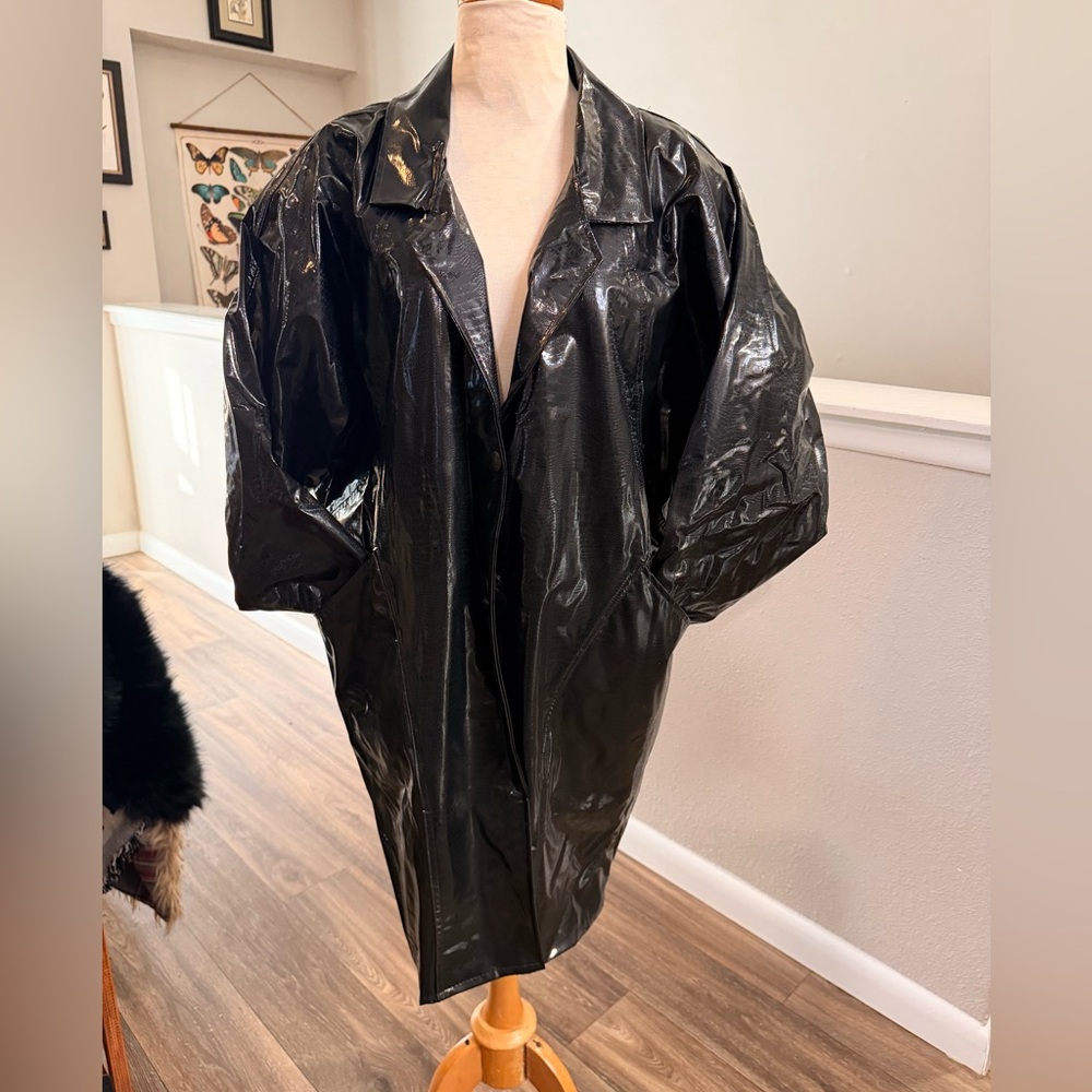 Vintage Kenn Sporn Wippette Black Vinyl Trench Coat Zebra Lining S